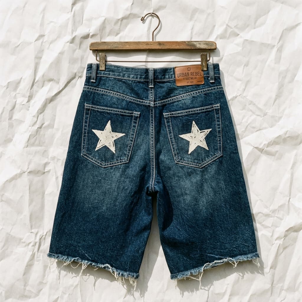 “FRAYED STARS” BAGGY DENIM JORTS